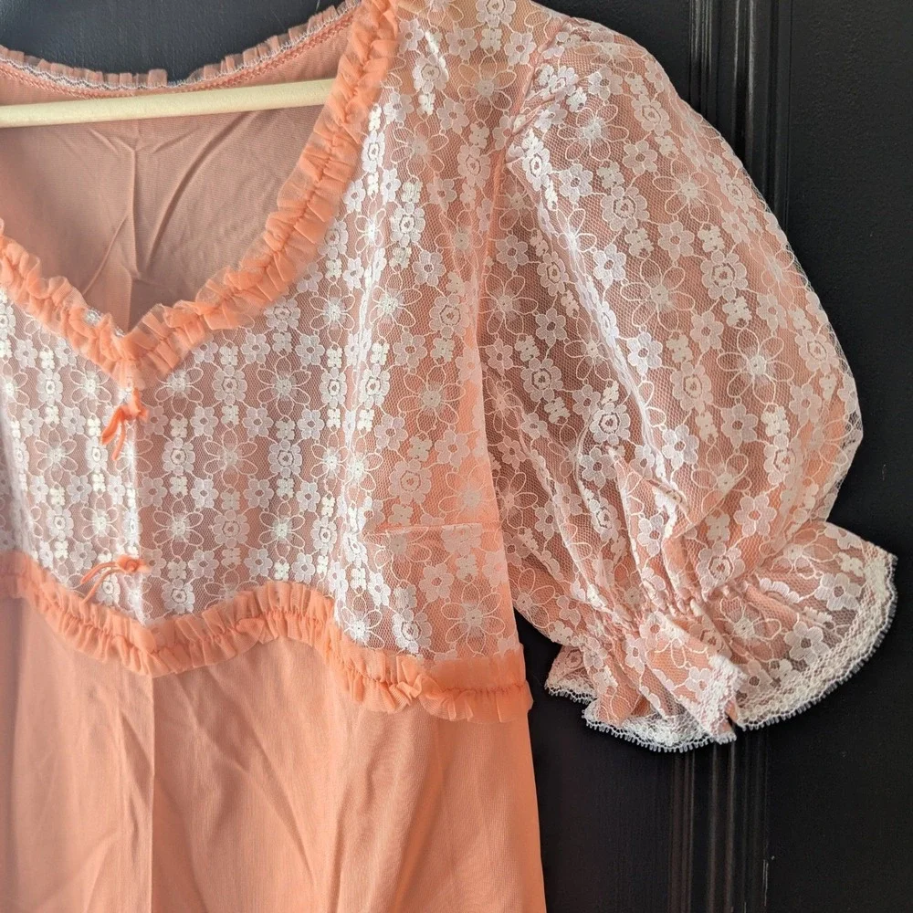 VTG 70s Sternkreuz Peach Lace Puff Sleeve Nightgown Slip Dress Coquette‎ Prairie